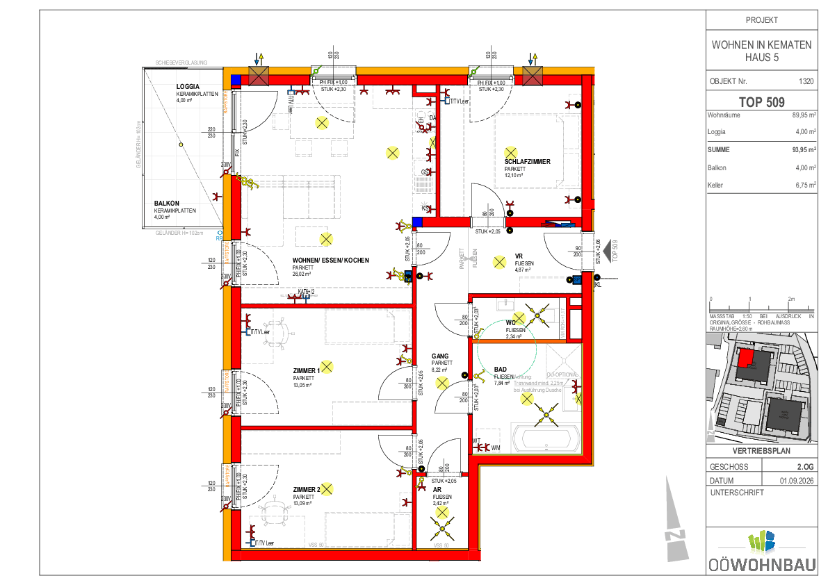 Grundriss einer Wohnung mit offenem Wohnbereich, Loggia, Balkon und separatem WC.