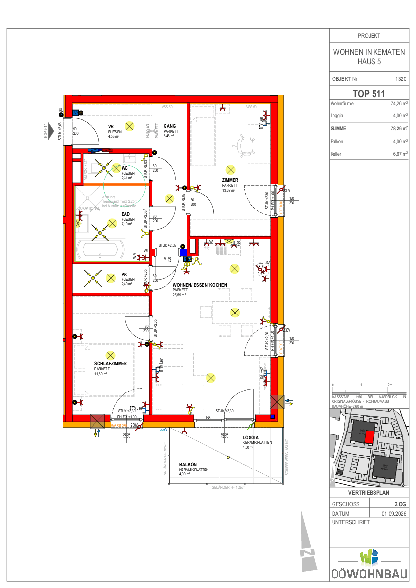 Grundriss einer Wohnung mit offenem Wohnbereich, zwei Bädern, Balkon und Loggia.
