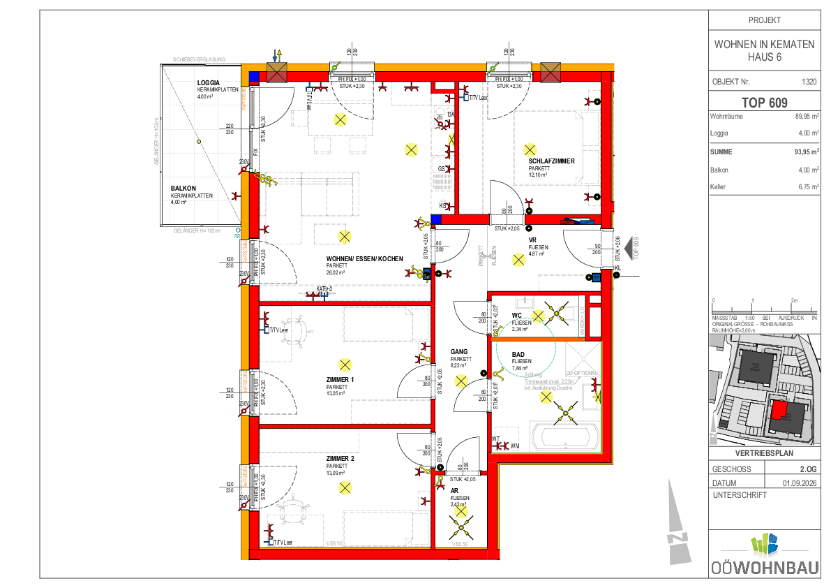 Grundriss einer Wohnung mit offenem Wohn-Essbereich, drei Zimmern, Bad, separatem WC, Balkon und Loggia.