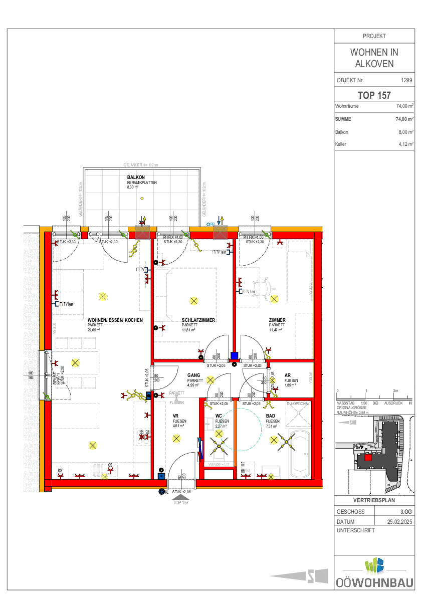 Grundrissplan einer Wohnung mit offenem Wohn-Ess-Kochbereich, zwei Schlafzimmern und Balkonzugang.