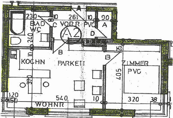Grundriss einer Wohnung mit Bad, separatem WC, Küche, Wohnzimmer und einem weiteren Zimmer.