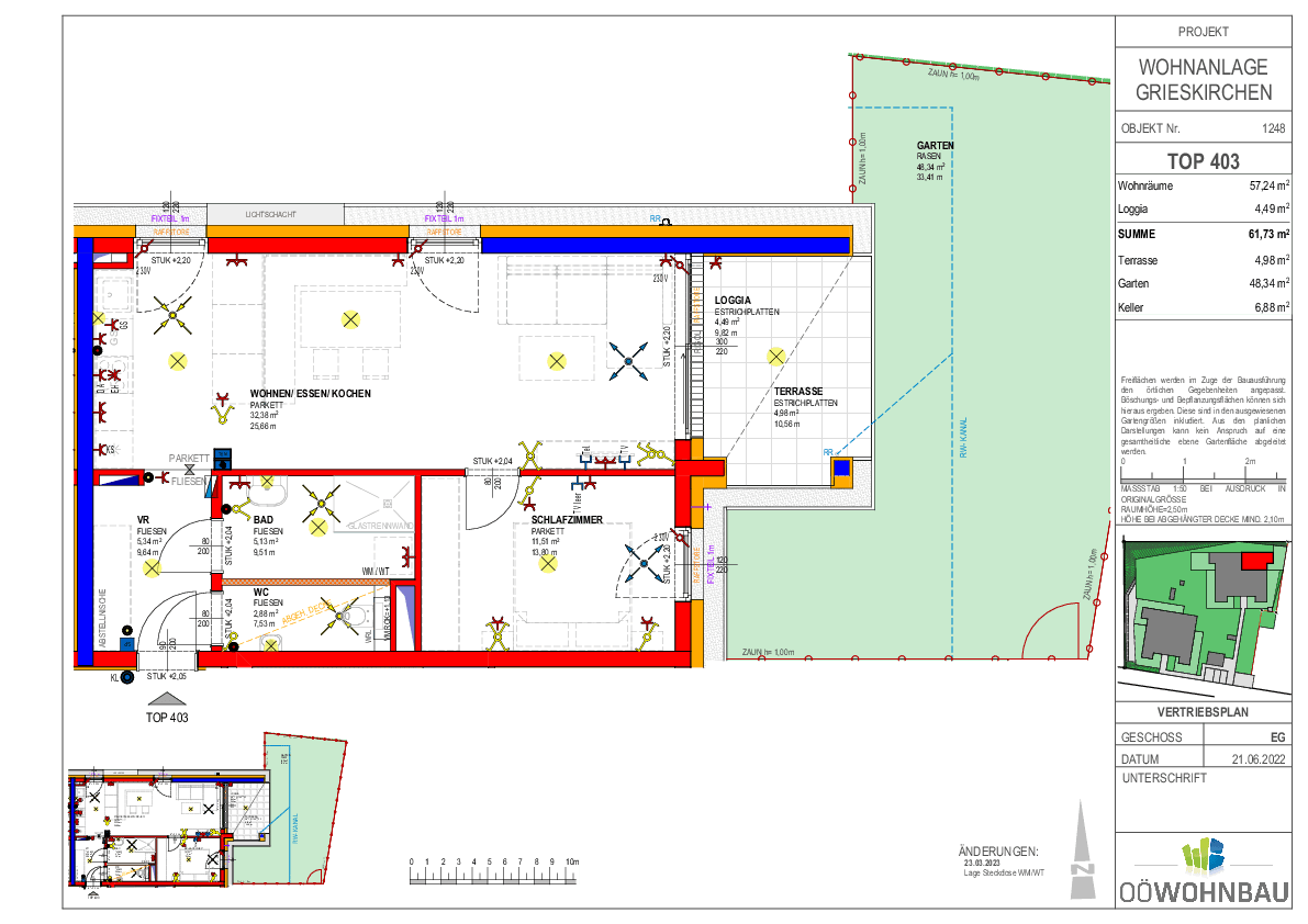 Detaillierter Grundriss der Wohnung TOP 403 mit offenem Wohnbereich, Loggia, Terrasse und eigenem Garten.