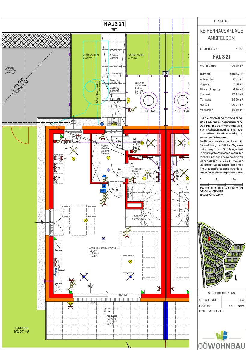 Grundriss des Erdgeschosses mit Carport, offenem Wohnbereich, Küche, Terrasse und Garten.
