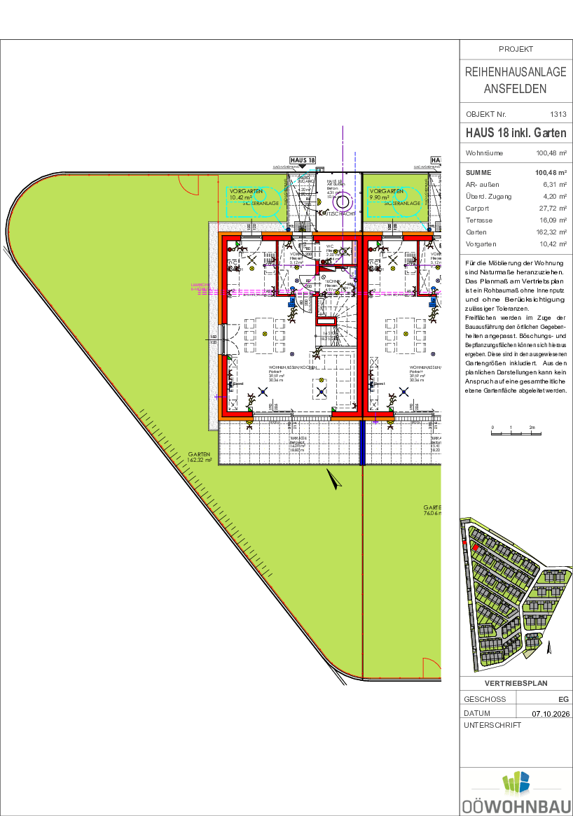 Grundriss des Erdgeschosses von Haus 18 mit großem Garten, Terrasse und Carport-Zugang.