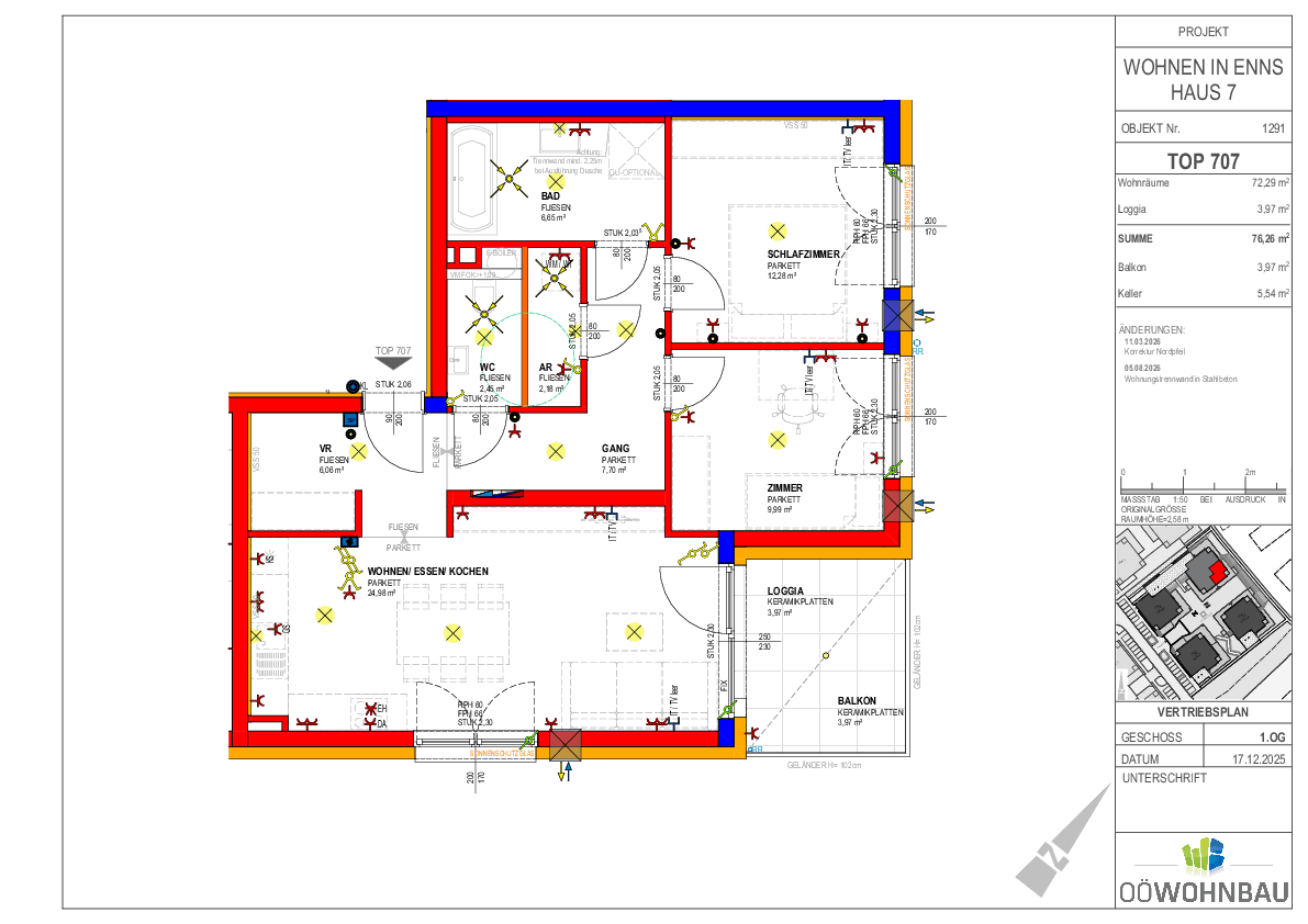 Grundriss einer Wohnung mit offenem Wohn-Ess-Kochbereich, zwei Zimmern, Bad, separatem WC, Loggia und Balkon.