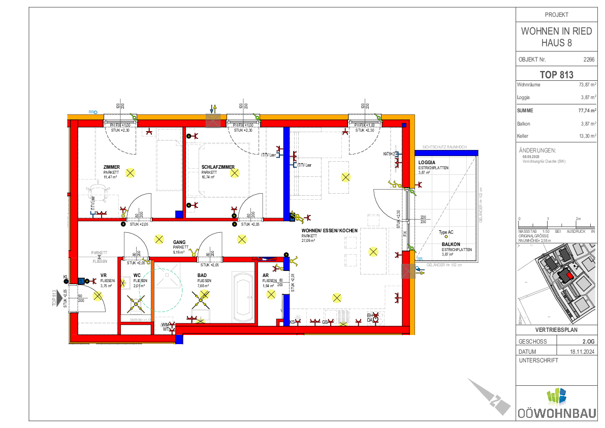 Grundriss einer Wohnung mit offenem Wohn-Essbereich, zwei Schlafzimmern, Bad, WC, Loggia und Balkon.