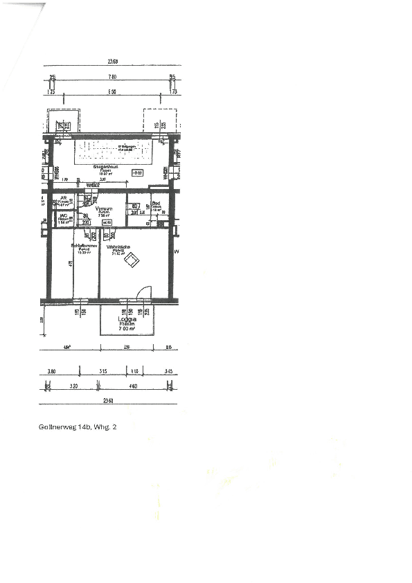Grundriss einer Wohnung mit Loggia, Balkon, Wohnküche, Schlafzimmer und zwei Bädern.