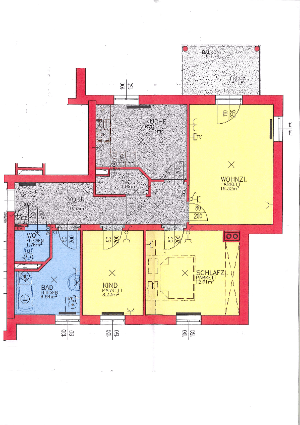 Grundriss einer Wohnung mit Balkon, separatem WC, Bad, Küche, Wohnzimmer und zwei Schlafzimmern.