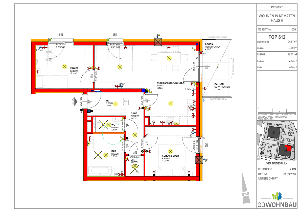 Grundriss von Haus 6, Top 612, zeigt eine 3-Zimmer-Wohnung mit Loggia und Balkon.
