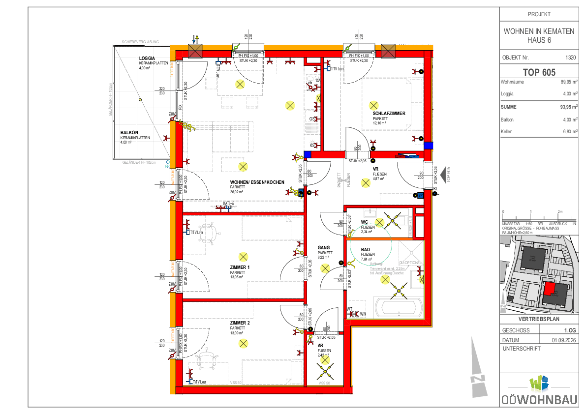 Grundriss einer modernen Wohnung mit offenem Wohn-Ess-Kochbereich, Schlafzimmer, zwei weiteren Zimmern, Bad, WC, Loggia und Balkon.