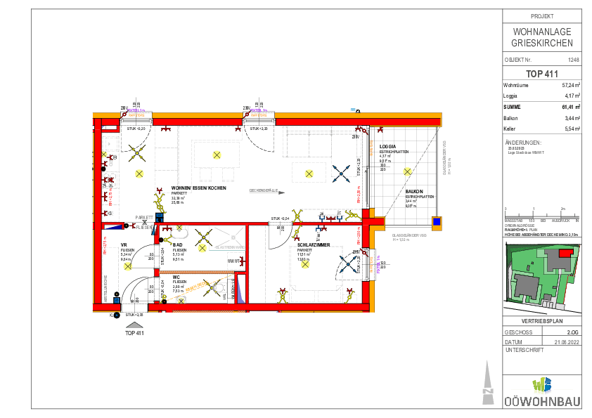 Grundriss der Wohnung TOP 411 in Grieskirchen mit Wohnen/Essen/Kochen, Schlafzimmer und Loggia.