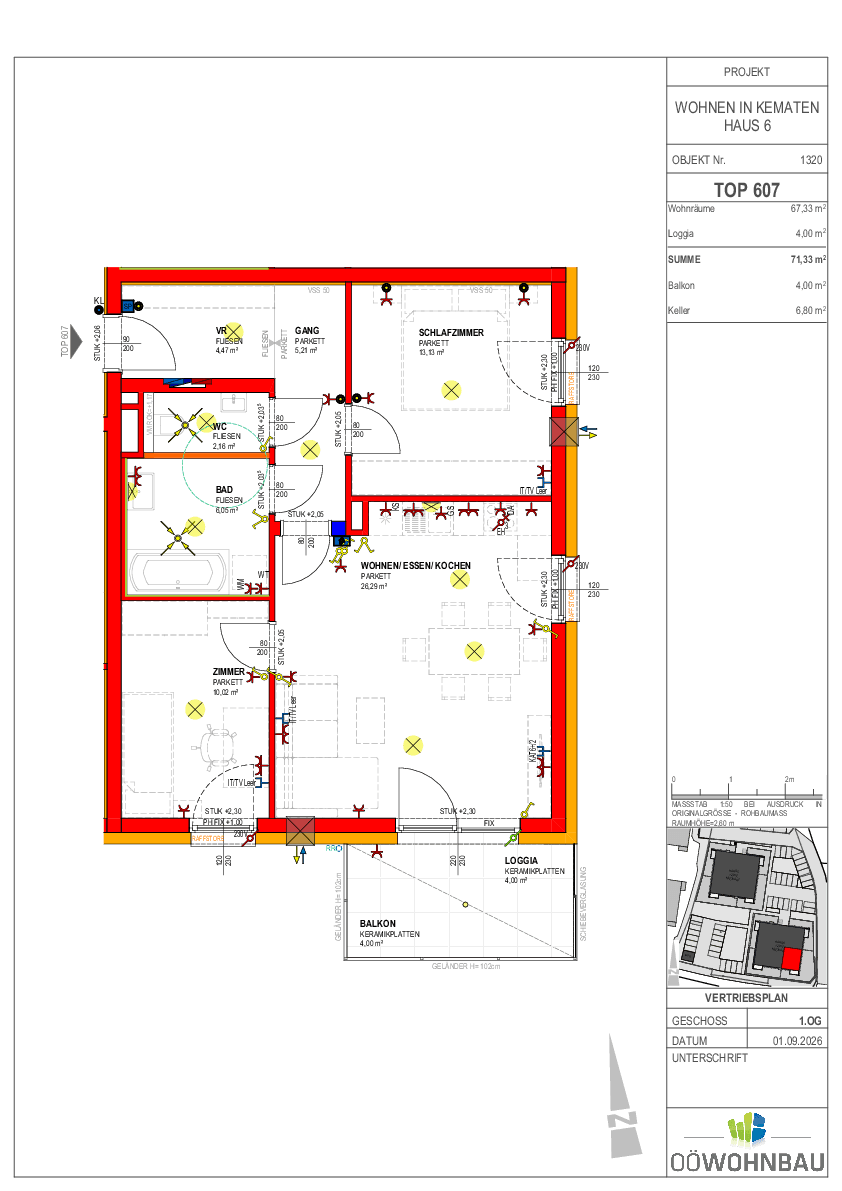 Grundriss einer Wohnung mit offenem Wohn-/Essbereich, Schlafzimmer, Bad, separatem WC, Loggia und Balkon.