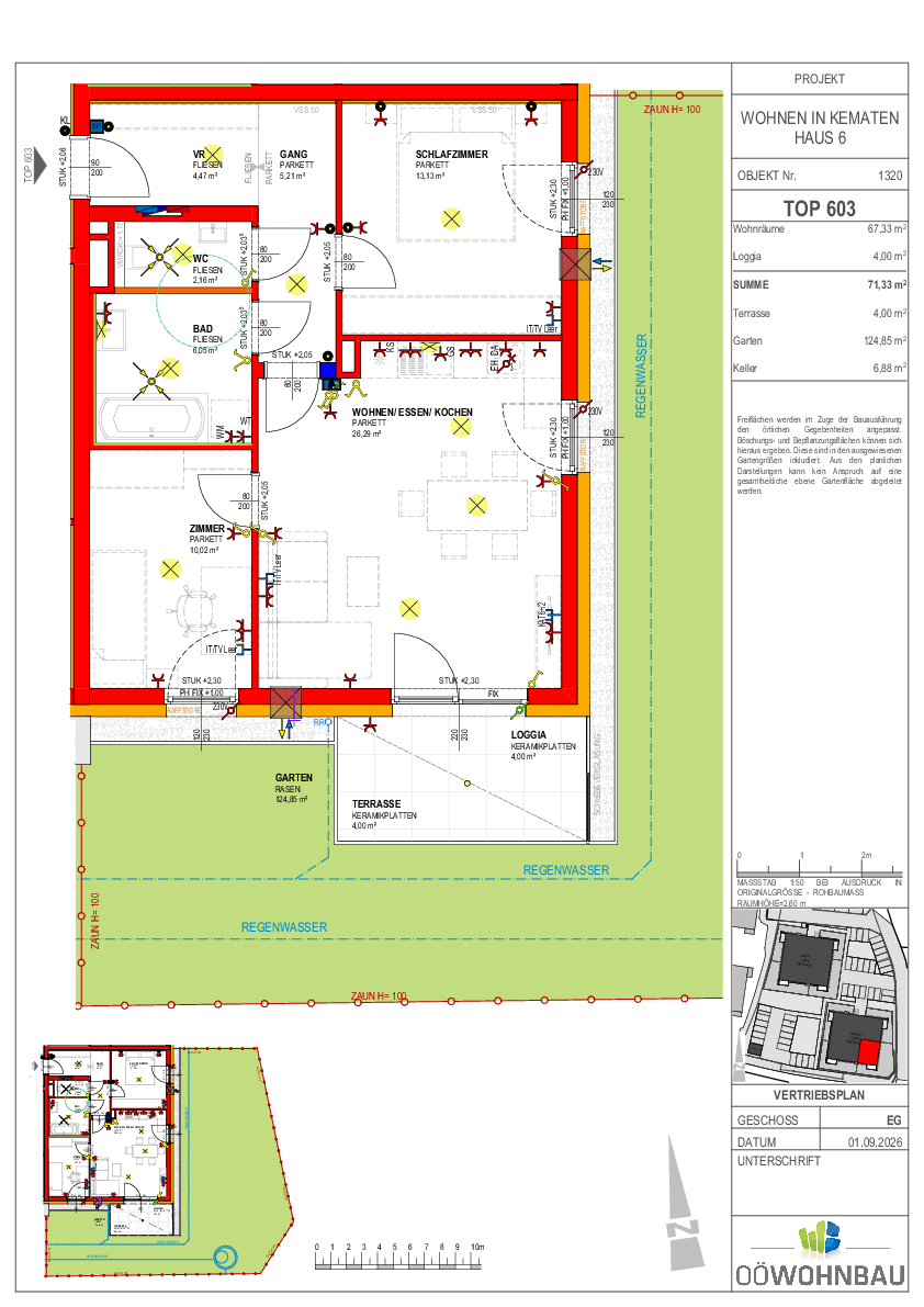 Grundriss einer Wohnung mit offenem Wohn-Essbereich, Schlafzimmer, Bad, WC, Loggia, Terrasse und Garten.