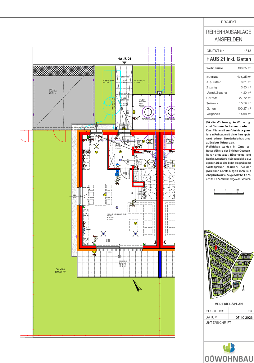 Grundriss des Erdgeschosses mit offenem Wohn-Essbereich, Küche, Terrasse und großem Garten.