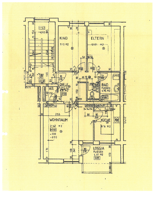 Grundriss einer Wohnung mit Wohnraum, Küche, Bad, Schlafzimmern und einer Loggia.