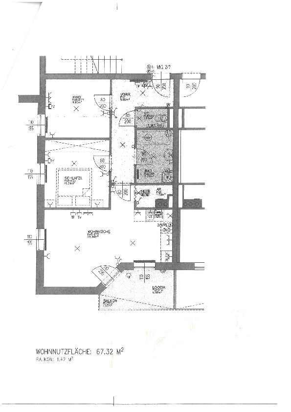 Grundriss einer Wohnung mit Schlafzimmer, Kochnische und Loggia, Gesamtfläche 67.32 m².