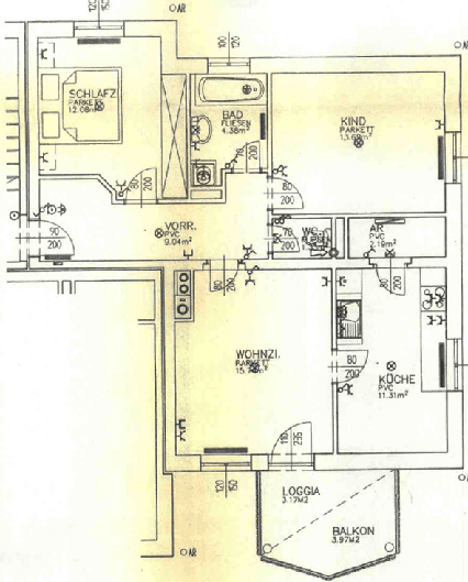 Grundriss einer Wohnung mit Schlafzimmer, Kinderzimmer, Bad, Wohnzimmer, Küche, Loggia und Balkon.