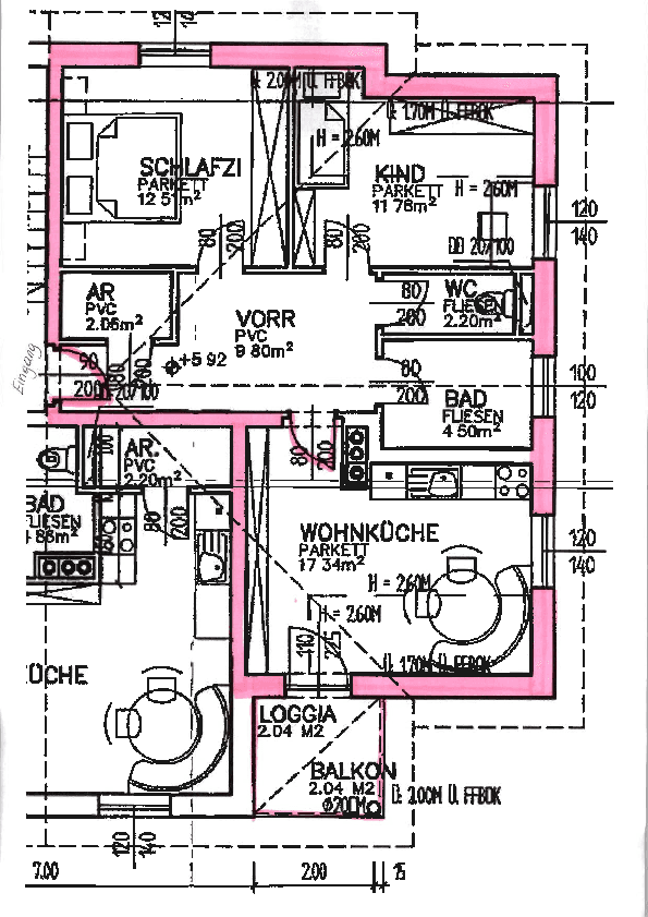 Grundriss einer Wohnung mit Wohnküche, Schlafzimmer, Kinderzimmer, Bad, WC, Loggia und Balkon.