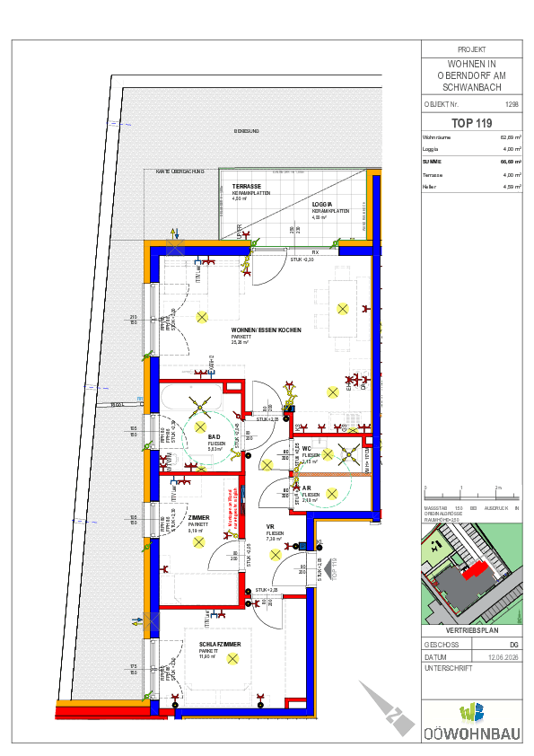Grundriss der Wohnung TOP 119 mit Terrasse, Loggia und offenem Wohn-/Essbereich.