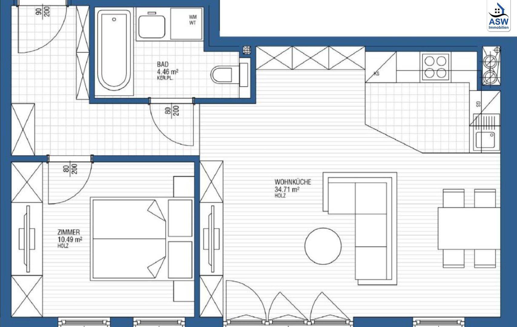 Detaillierter Grundriss einer Wohnung mit offener Wohnküche, Schlafzimmer und Bad.