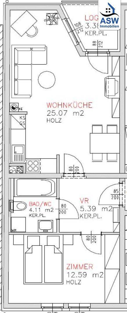 Grundriss einer Wohnung mit Wohnküche, Zimmer, Bad/WC und Loggia.