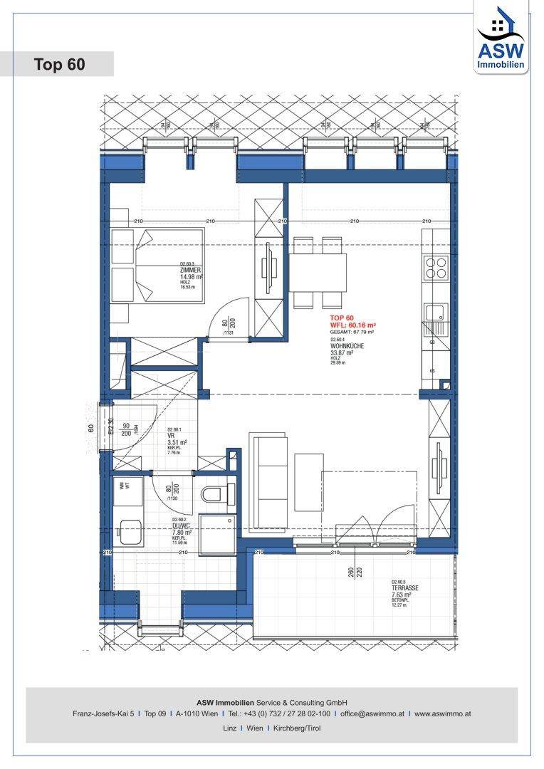 Detaillierter Grundriss einer Wohnung mit offener Wohnküche, Terrasse und Balkon.