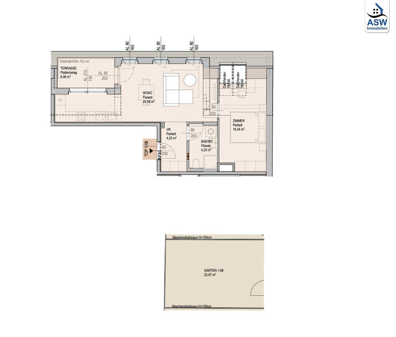 Grundrissplan einer Wohnung mit Terrasse, Wohnbereich, Zimmer und Bad.
