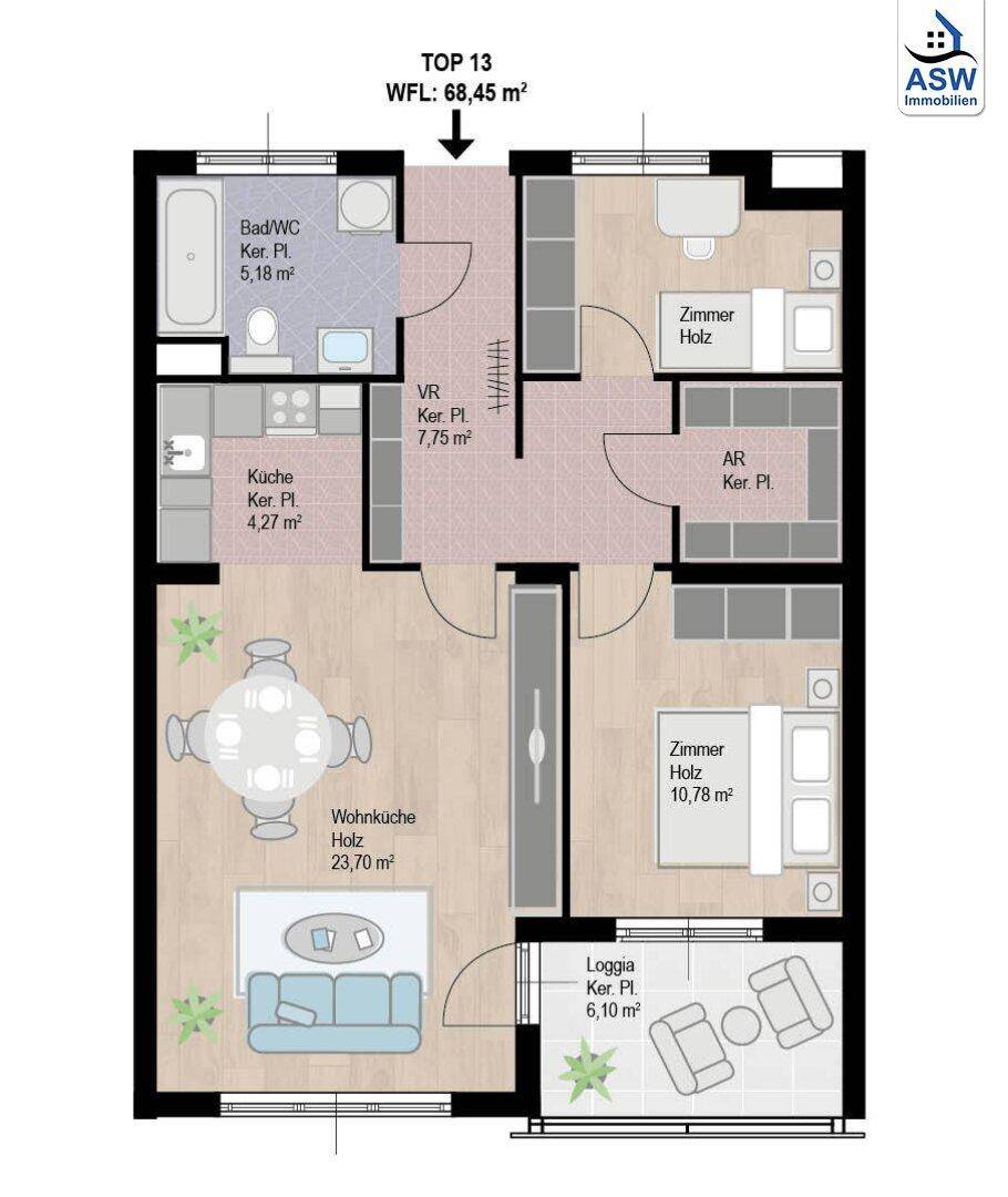 Detaillierter Grundriss der Wohnung TOP 13 mit 68,45 m² Wohnfläche und Loggia.