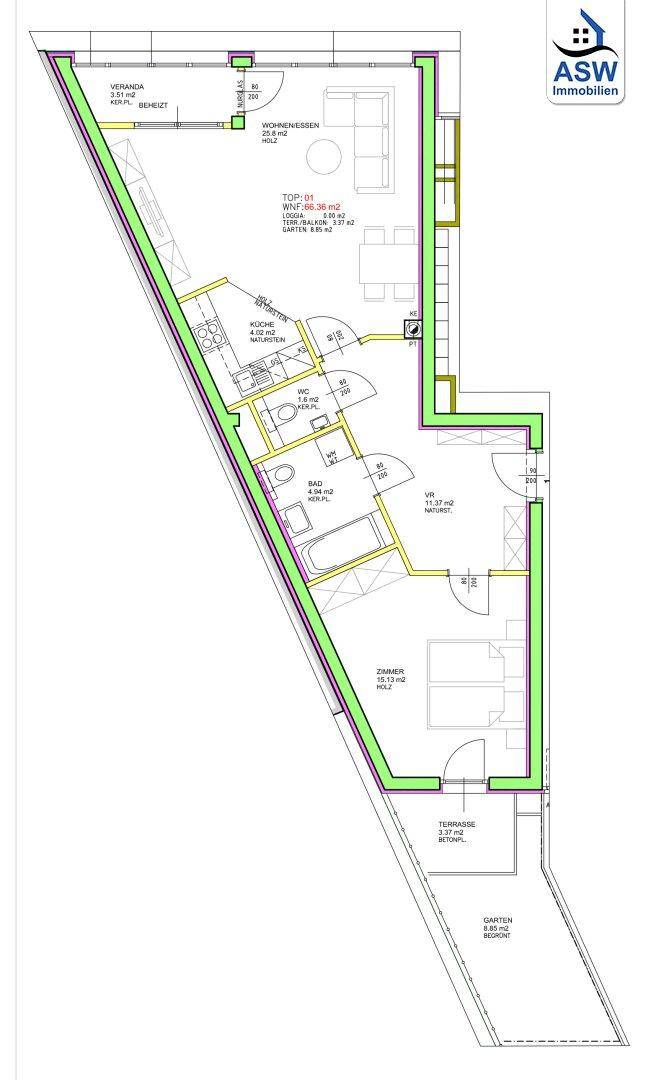 Grundriss einer Wohnung mit Wohn-Essbereich, Küche, Bad und Terrasse.