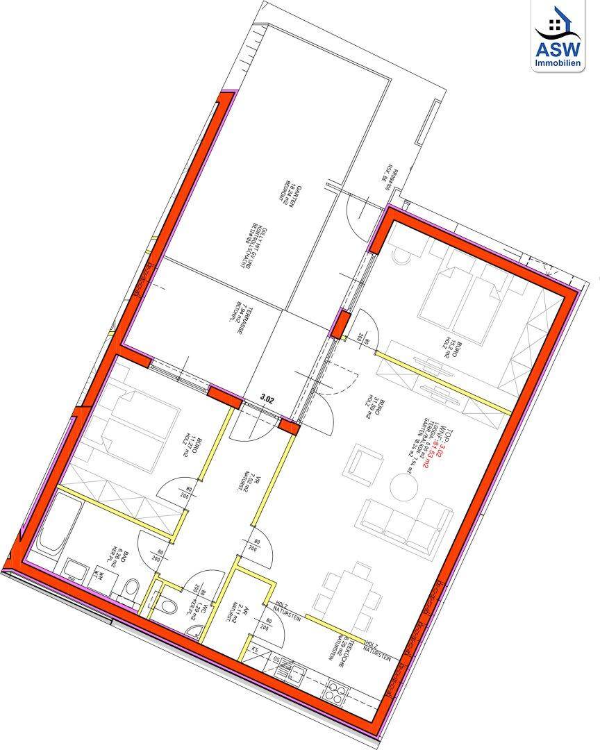 Grundriss der Wohnung mit mehreren Zimmern, Terrasse und Balkon, zeigt die Raumaufteilung.