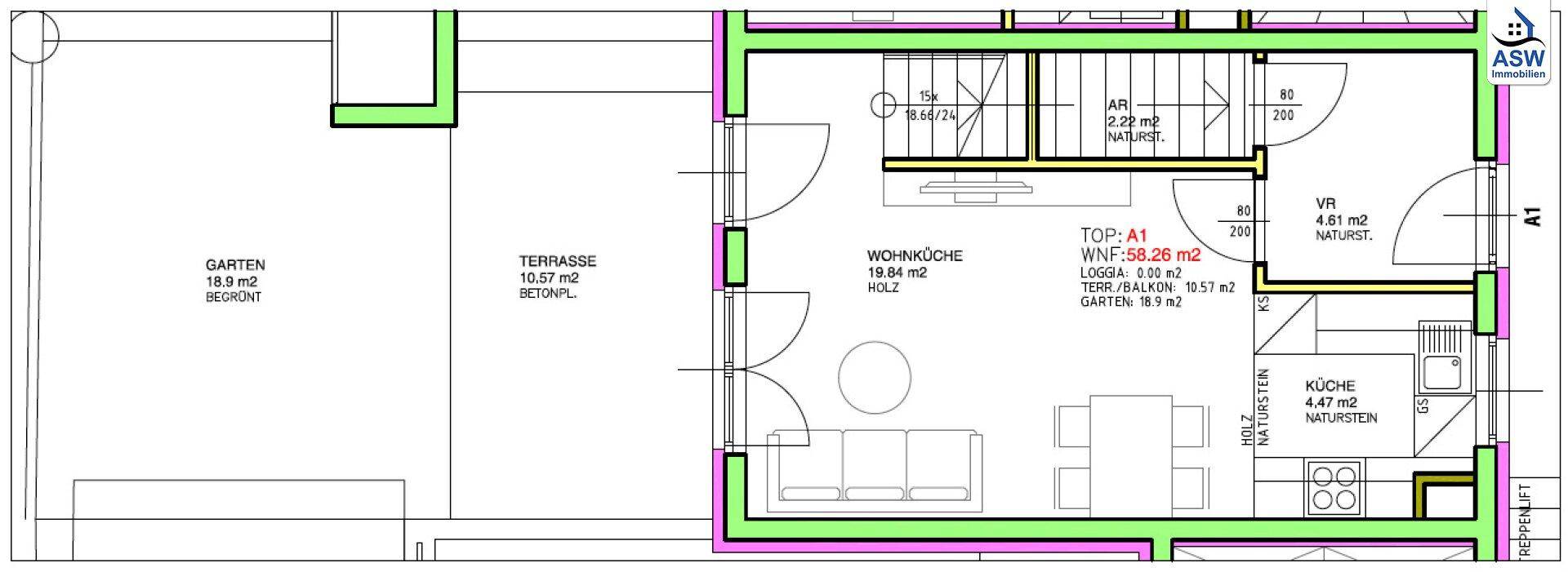 Grundriss des Erdgeschosses mit offener Wohnküche, Terrasse und Gartenbereich.