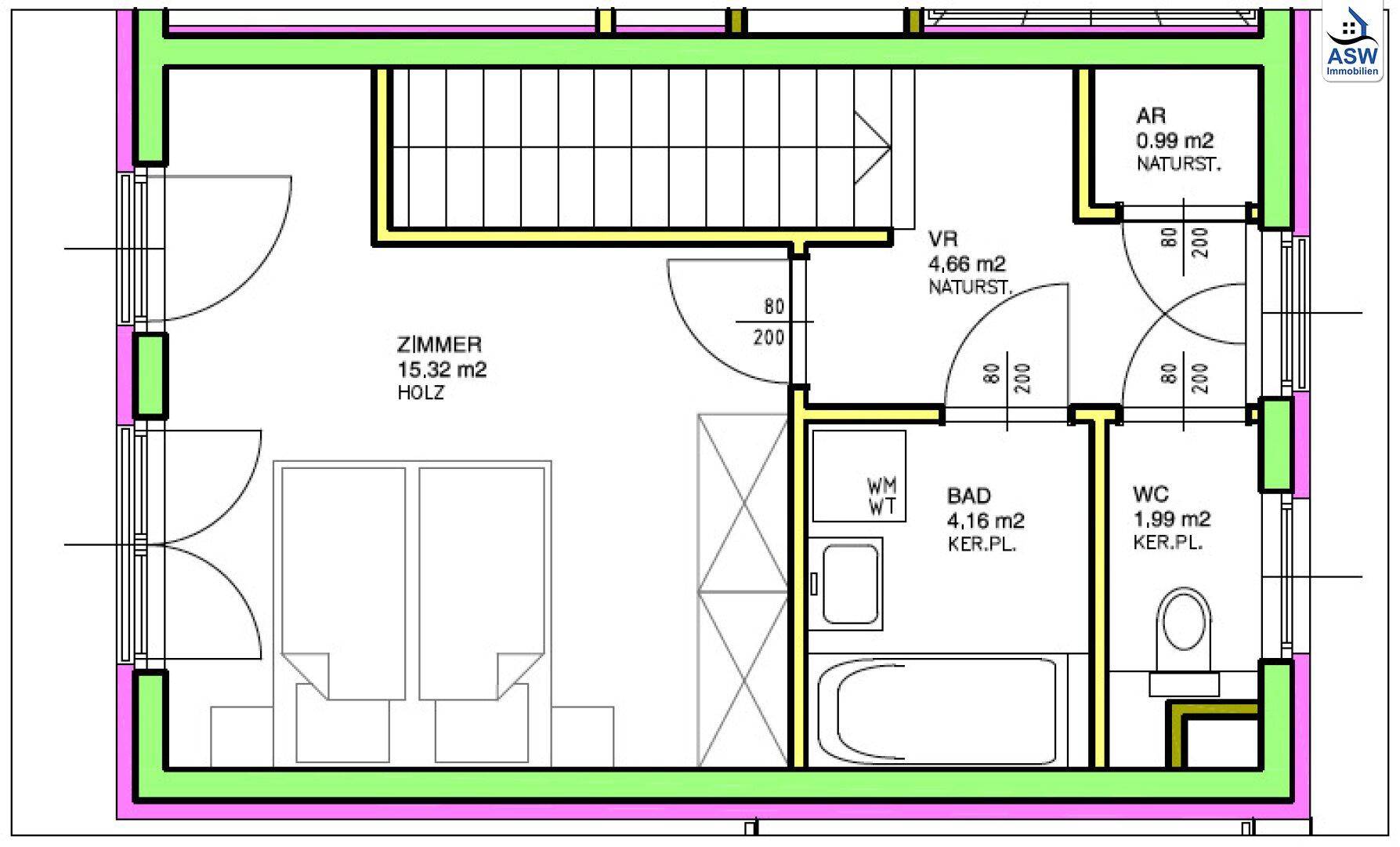 Grundriss des Obergeschosses mit Schlafzimmer, Badezimmer und separatem WC.