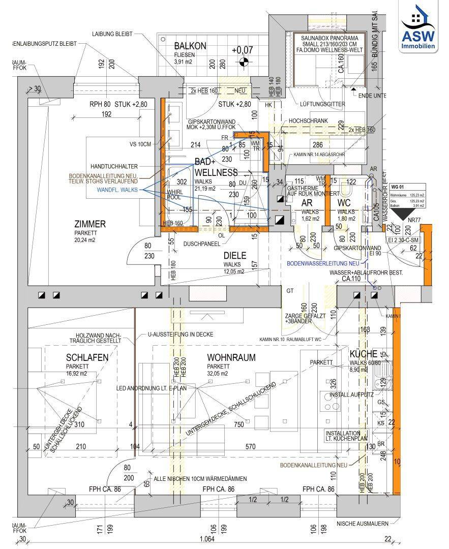 Grundriss einer Wohnung mit großem Wellnessbereich inklusive Sauna und Whirlpool, separatem WC, Balkon und Abstellraum.
