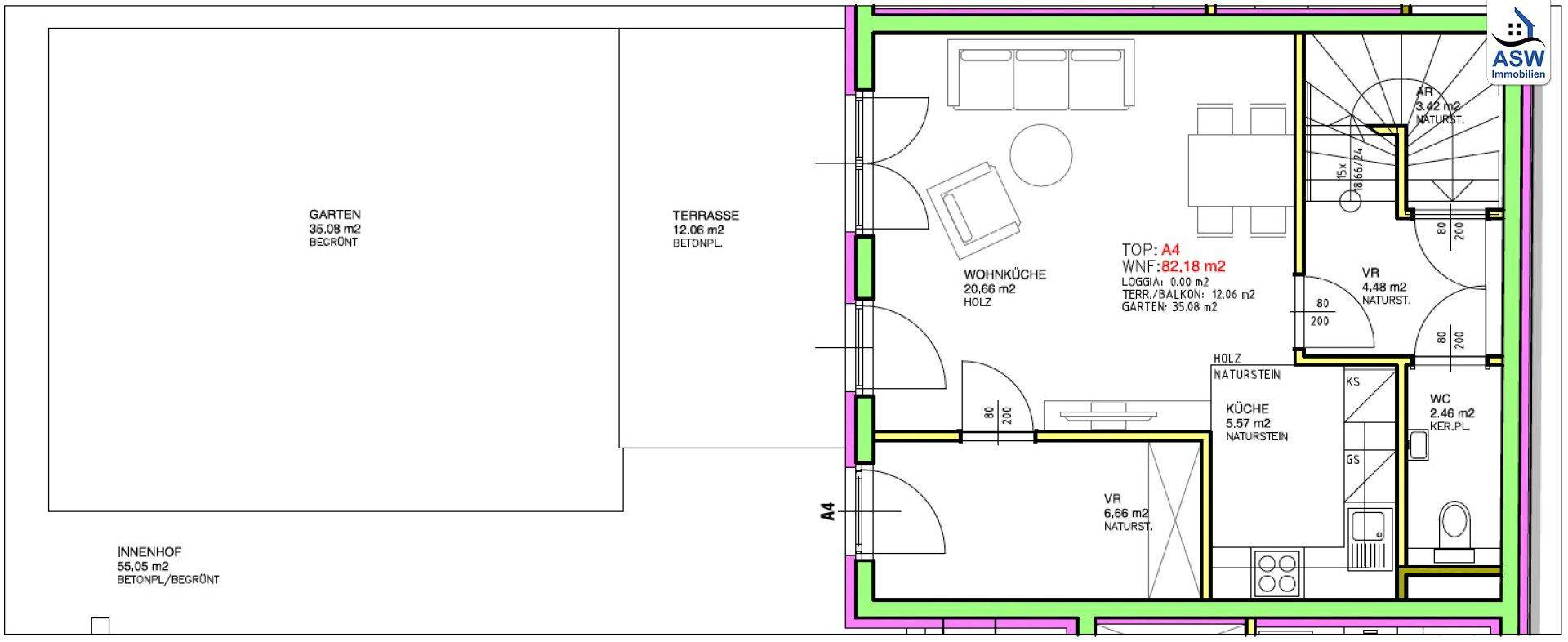 Grundriss des Erdgeschosses mit Wohnküche, Terrasse und großem Gartenbereich.