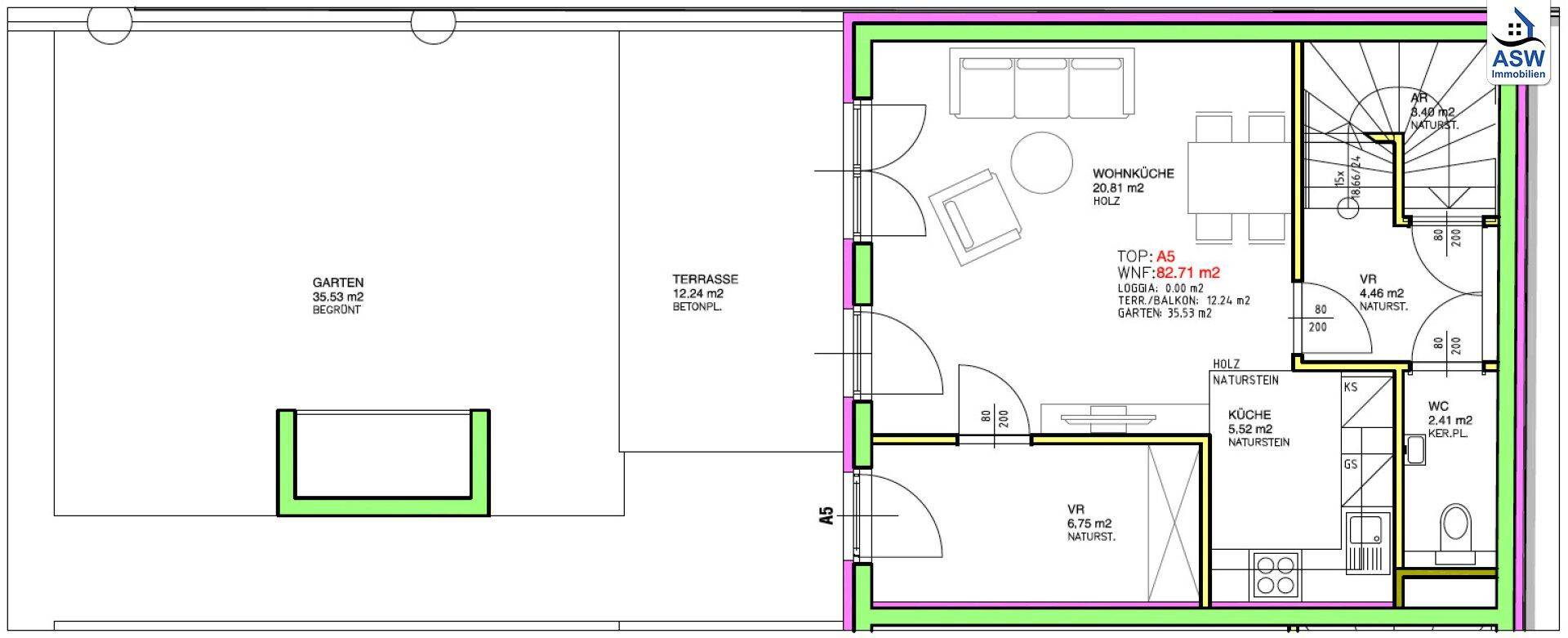 Grundriss des Erdgeschosses mit Wohnbereich, Küche, Terrasse und Garten.