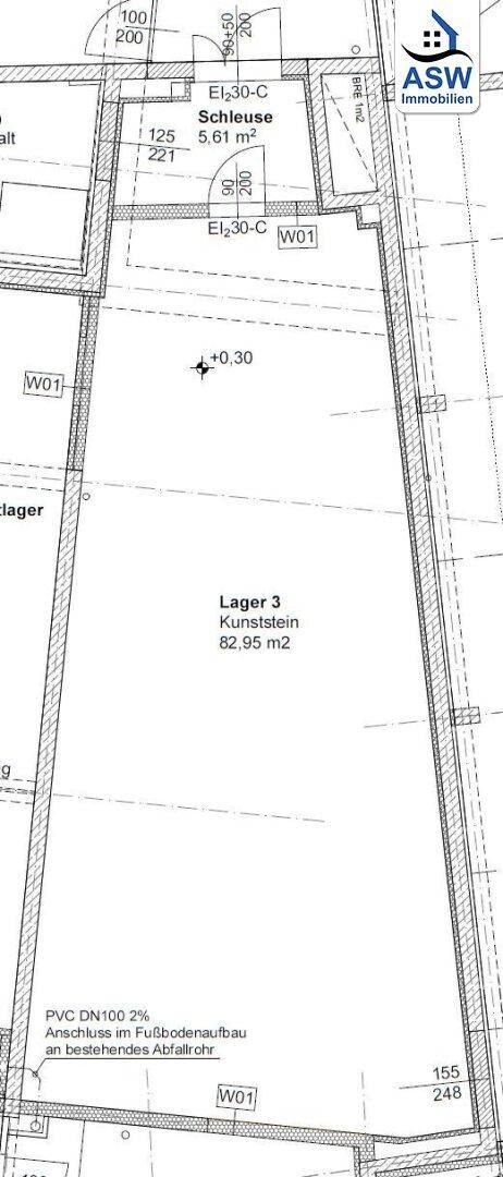 Grundrissplan einer Lagereinheit im Kellergeschoss mit einer Fläche von 82,95 m² und Zugang.