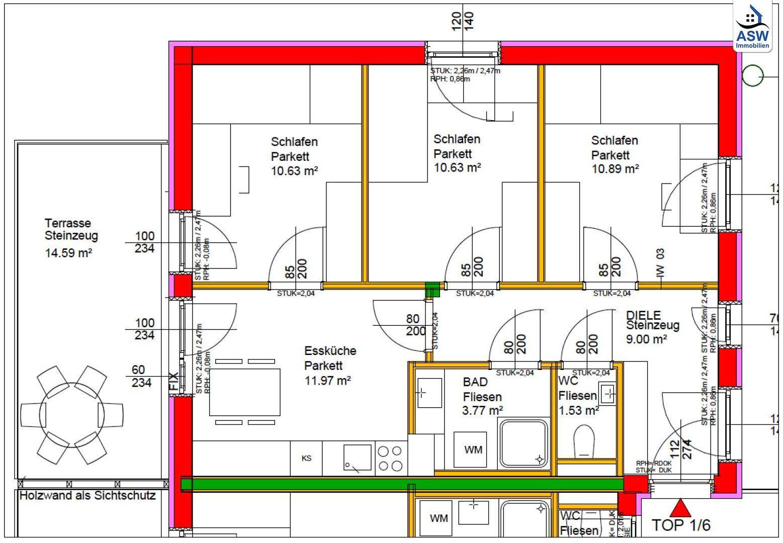 Detaillierter Grundriss mit drei Schlafzimmern, Essküche, Bad, WC und einer großen Terrasse.