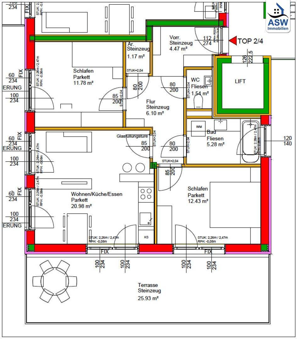 Detaillierter Grundriss einer Wohnung mit drei Schlafzimmern, offenem Wohnbereich und großer Terrasse.