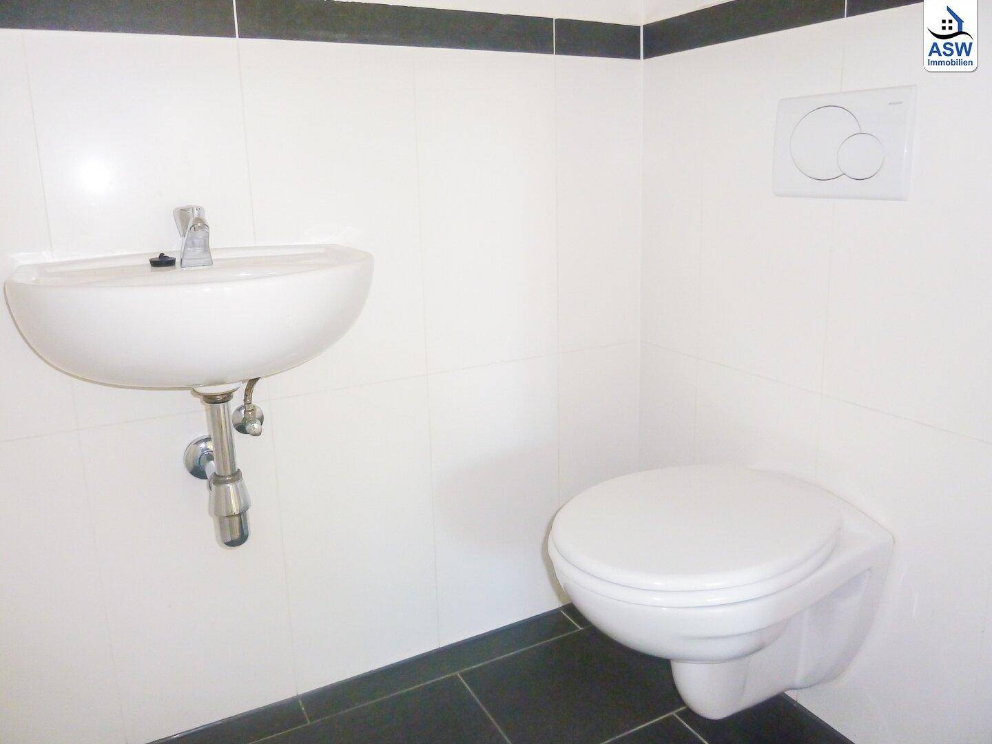 Separates WC mit wandhängender Toilette und kleinem Waschbecken, ausgestattet mit Fliesen.