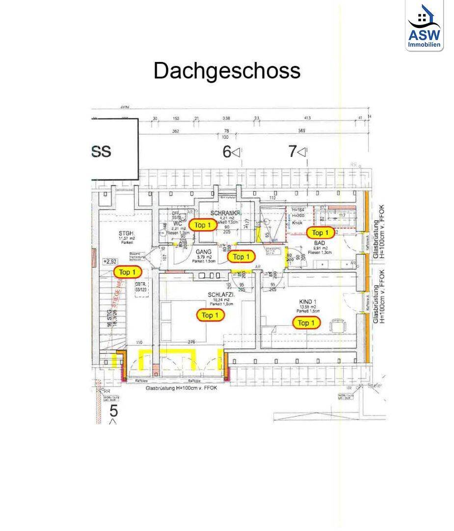 Grundriss des Dachgeschosses mit Schlafzimmern, Kinderzimmern und Badezimmer.