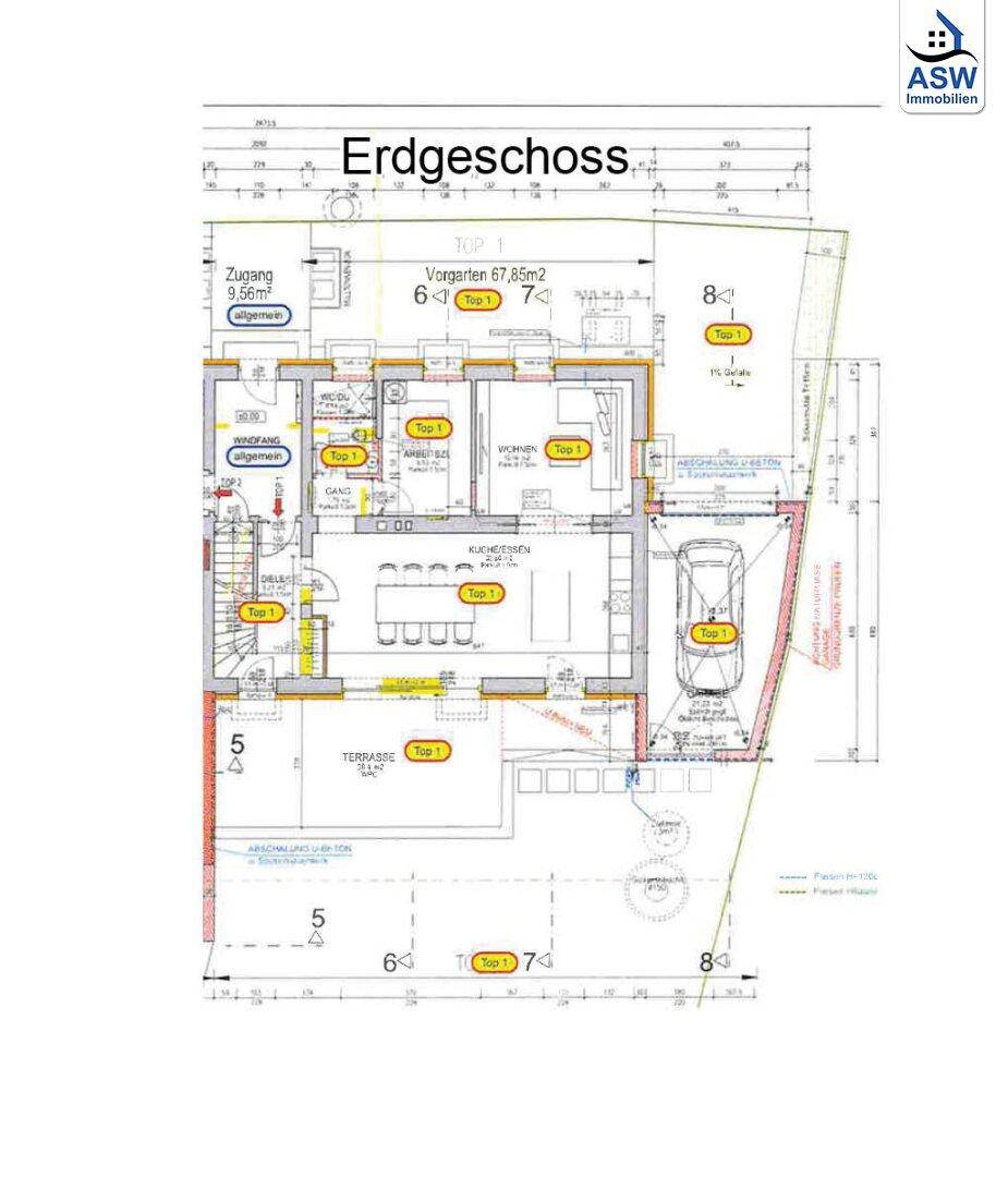 Grundriss des Erdgeschosses mit offenem Wohnbereich, Küche und Terrasse.