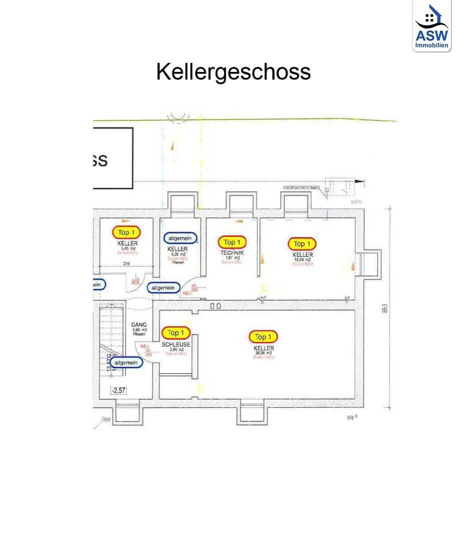 Grundriss des Kellergeschosses mit mehreren Kellerräumen und Technikbereich.