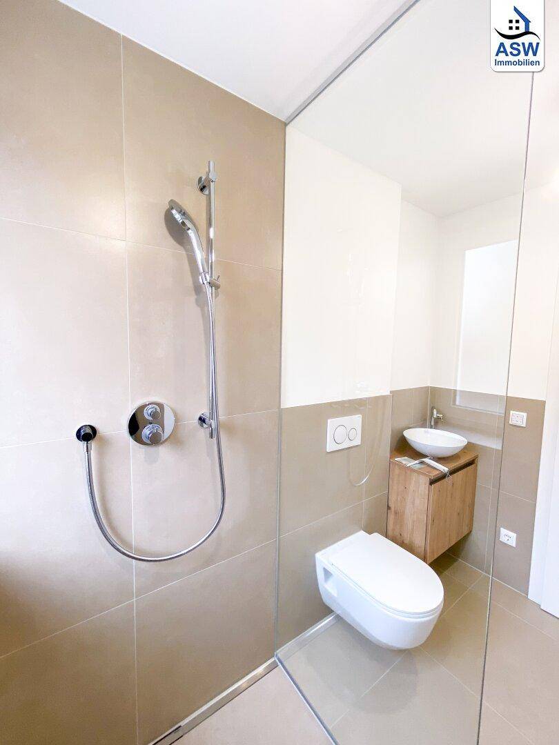 Begehbare Dusche mit Glaswand, Wand-WC und modernem Waschtisch im Badezimmer.
