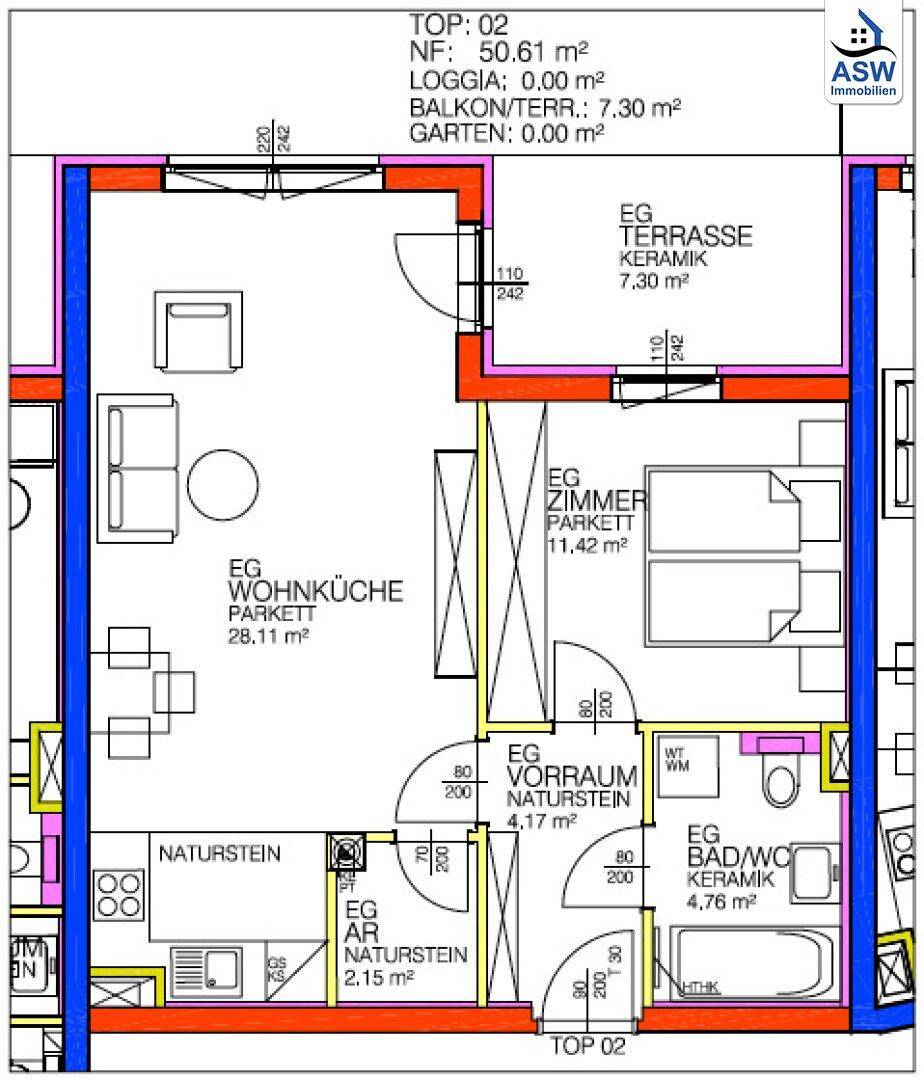 Grundriss der Wohnung TOP 02 mit Wohnküche, Schlafzimmer und Terrasse.