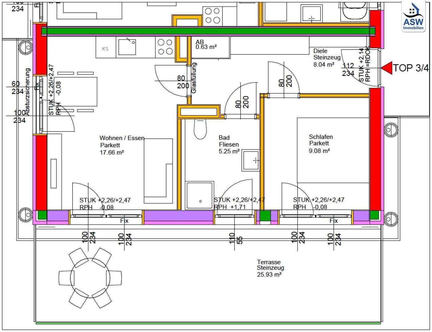 Grundriss der Wohnung mit offenem Wohn-Essbereich, Schlafzimmer und großer Terrasse.