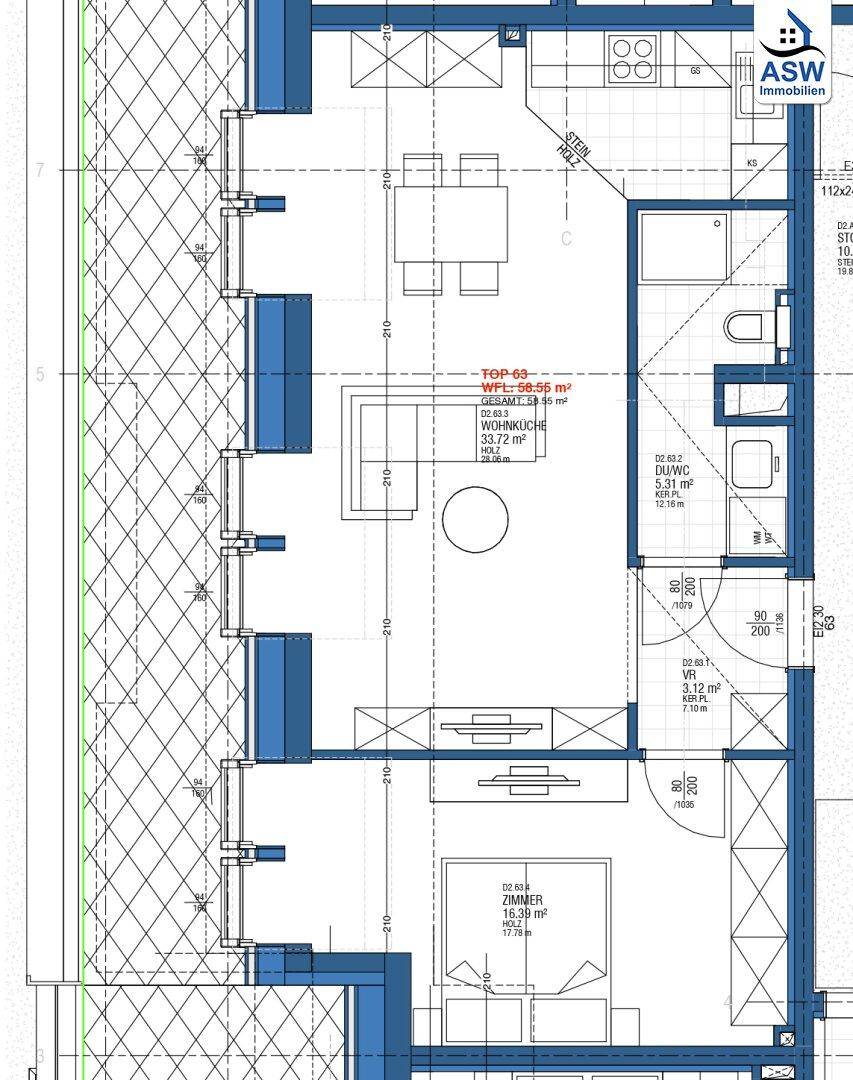 Detaillierter Grundriss einer Wohnung mit offenem Wohnbereich, Küche und Bad.