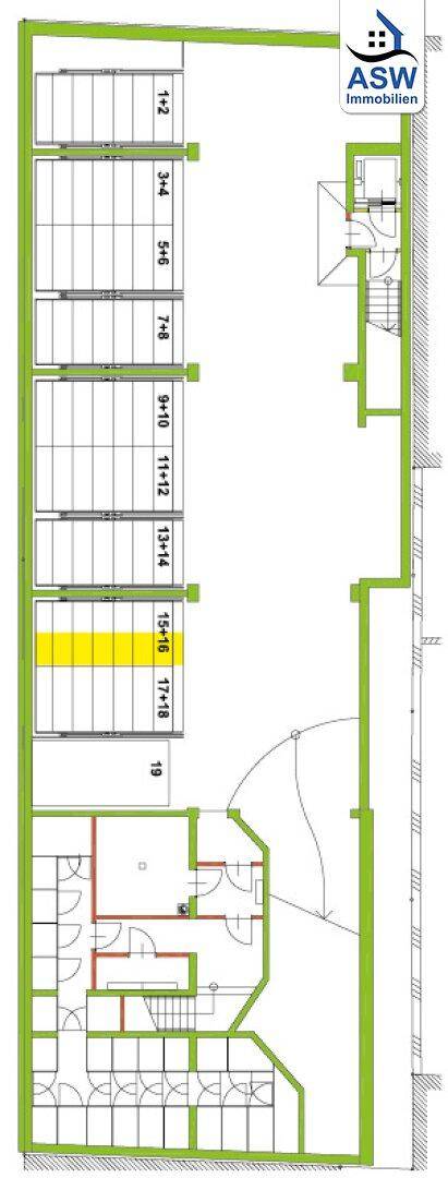 Grundrissplan der Tiefgarage mit nummerierten Stellplätzen.