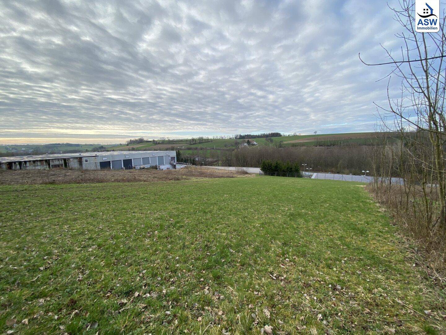 Weitläufiges grünes Feld mit Industriebauten im Hintergrund unter einem bewölkten Himmel, typisch für die Region.