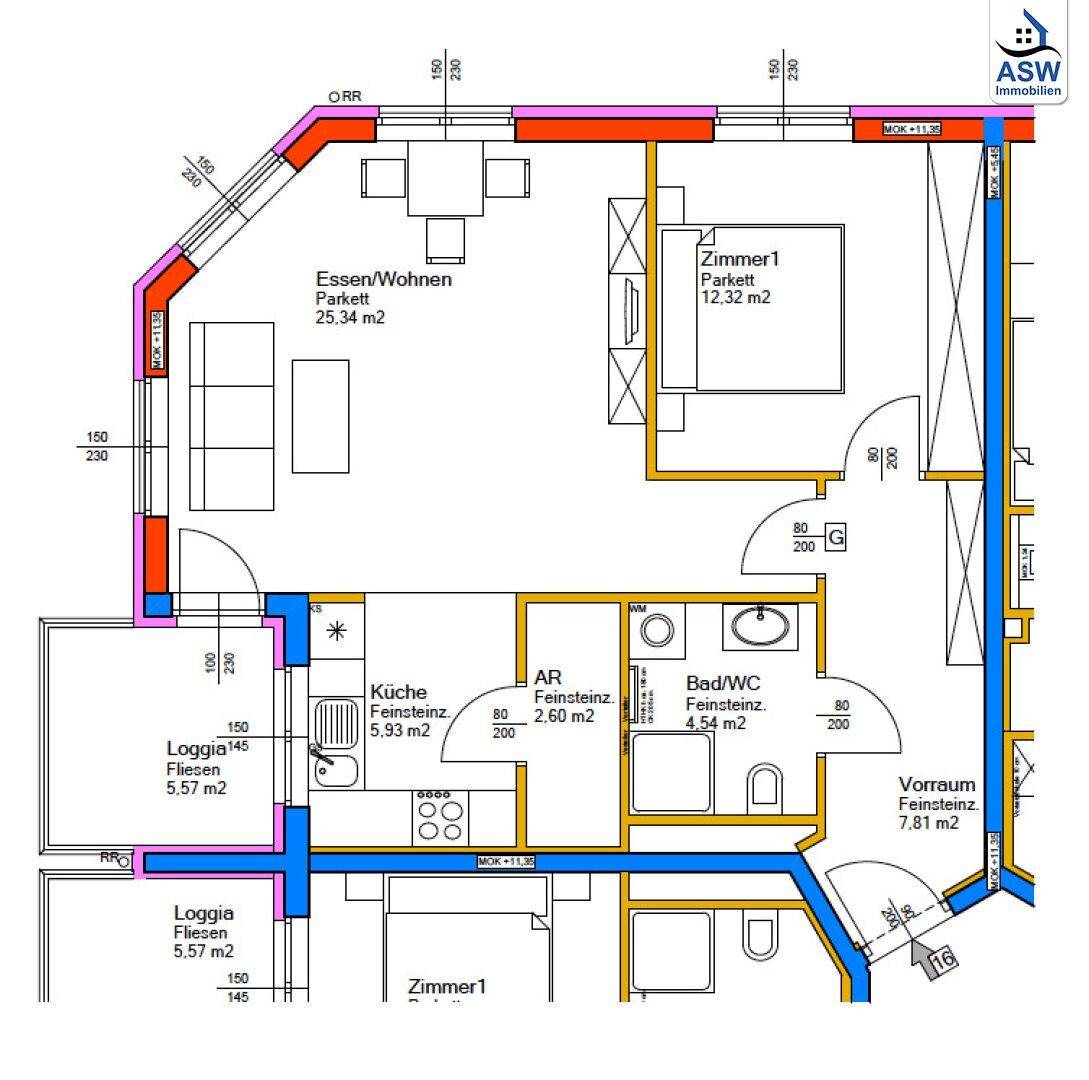 Detaillierter Grundriss der Wohnung mit Zimmeraufteilung und Flächenangaben.