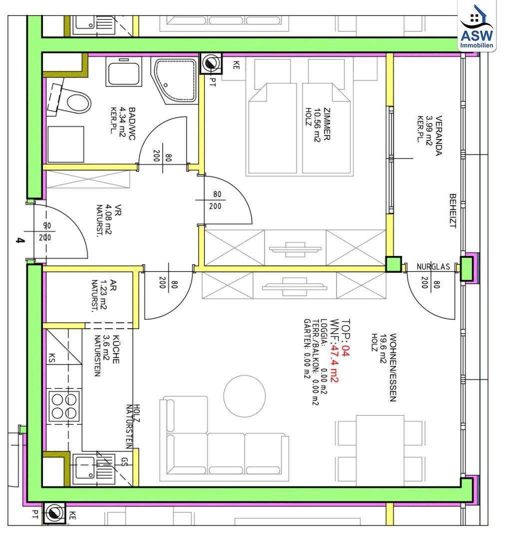Detaillierter Grundriss der Wohnung mit Raumaufteilung und Flächenangaben in Quadratmetern.